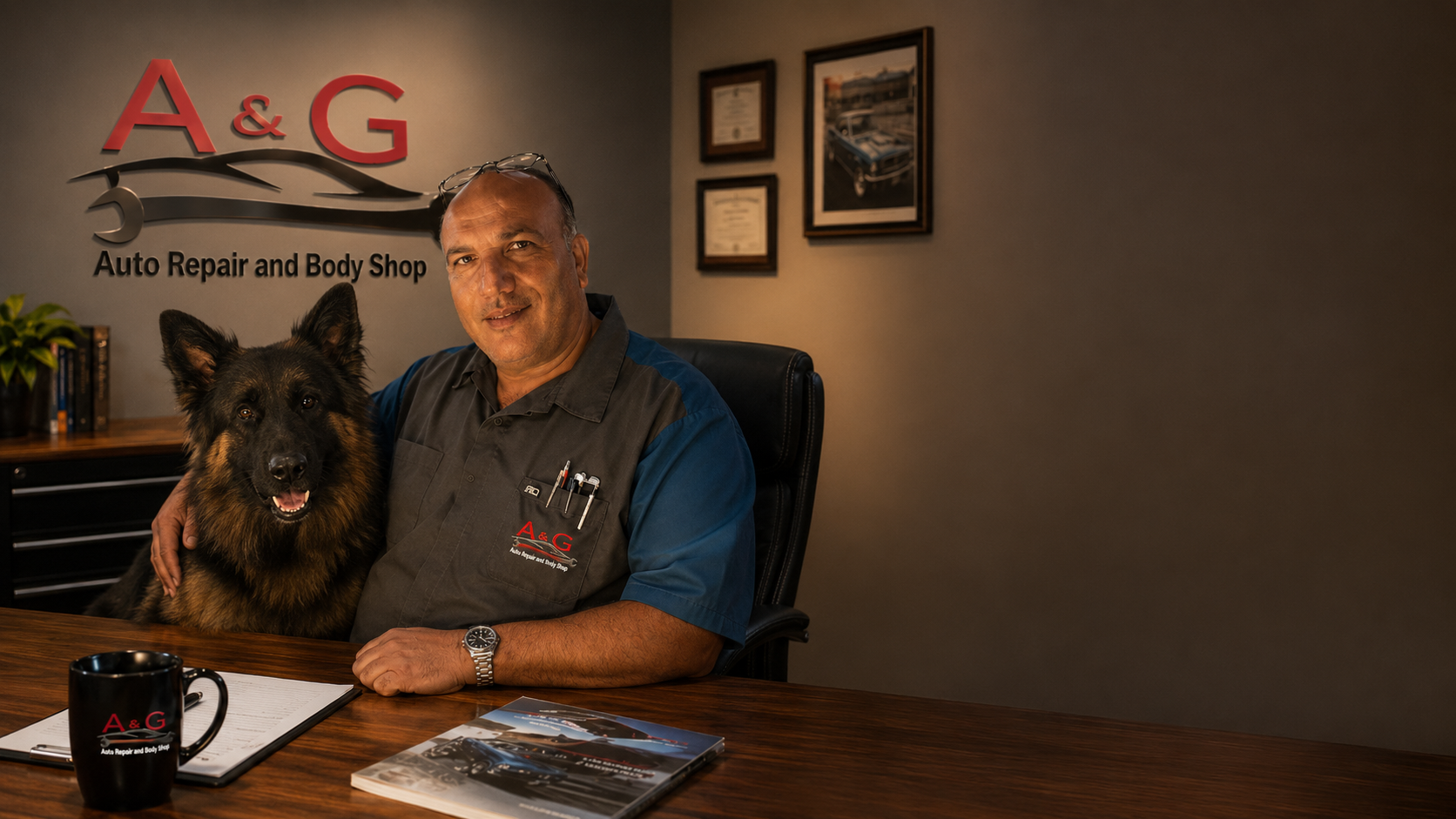 George, owner of A&G Auto Repair and Body Shop, with his German Shepherd