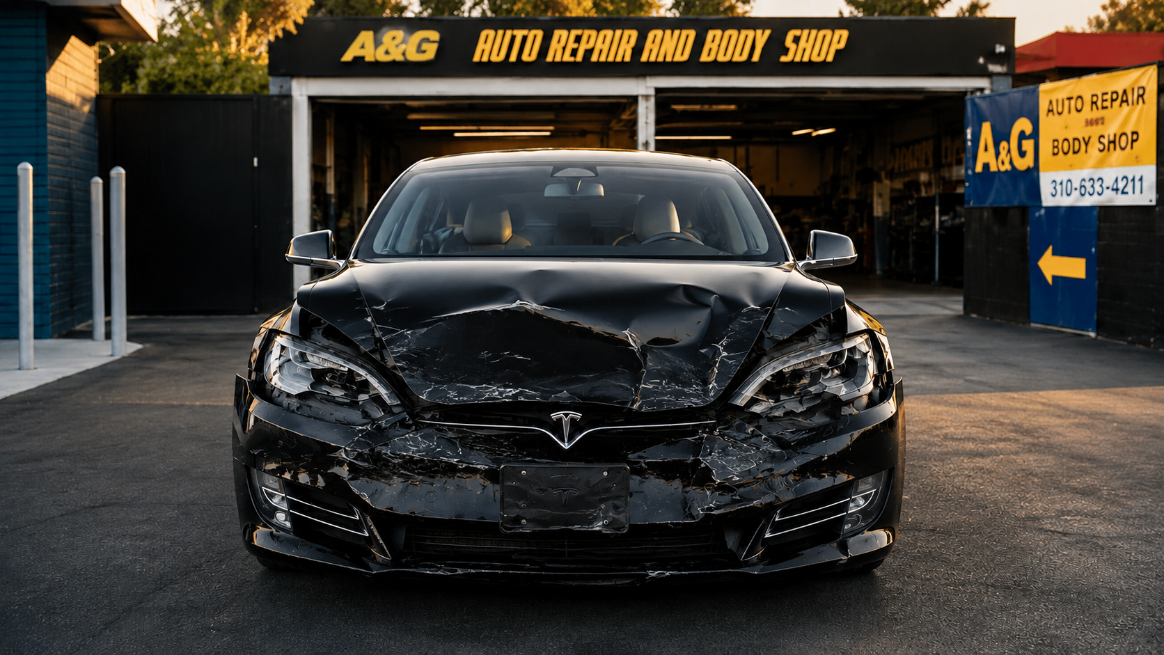 Tesla Model S with collision damage before repair